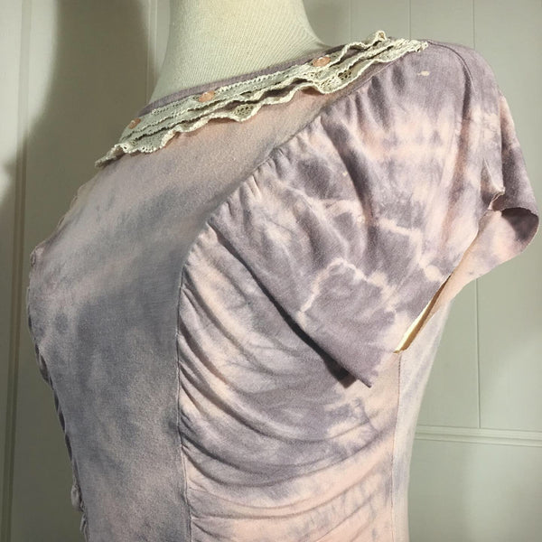 Lace Ruffle Neck Ruched Mauve Tie-Dye Crop Top