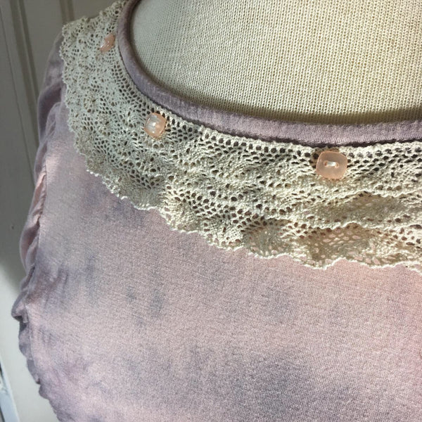 Lace Ruffle Neck Ruched Mauve Tie-Dye Crop Top