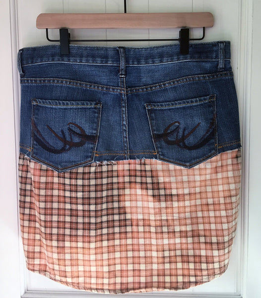 Upcycled Jeans and Flannel Skirt with Raw Eges